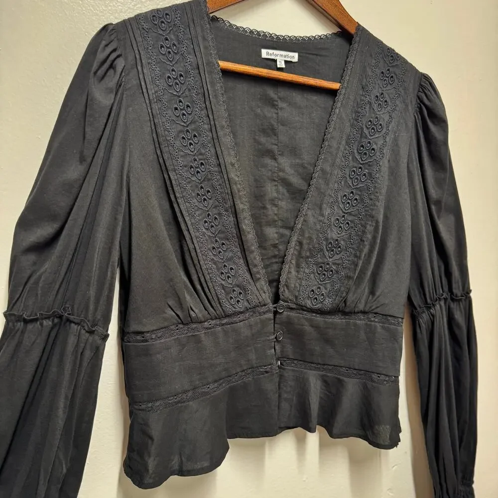 Reformation Meadowlark Blouse Black Eyelet Embroidery Boho Cotton Peplum Size 10
